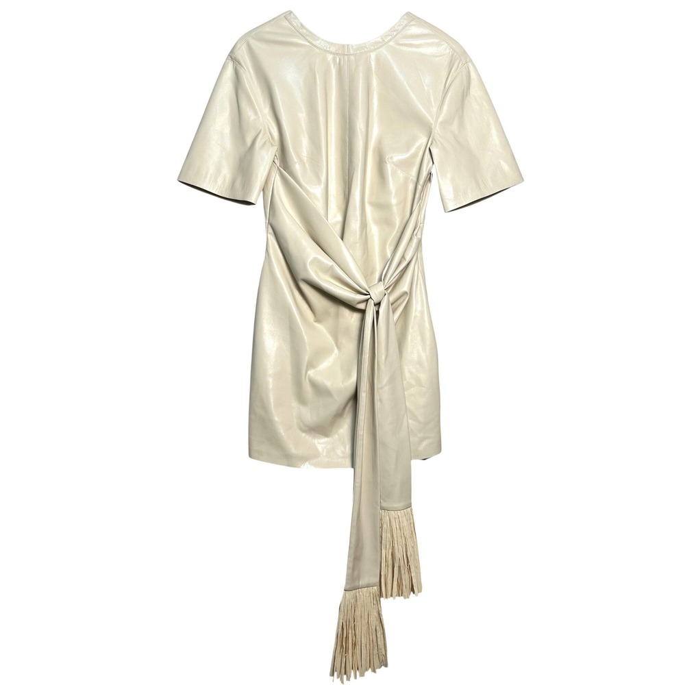 NWT Nanushka Maryl Faux Leather Chalk/Cream Fringe Knot Shift Mini Dress L - Picture 2 of 16